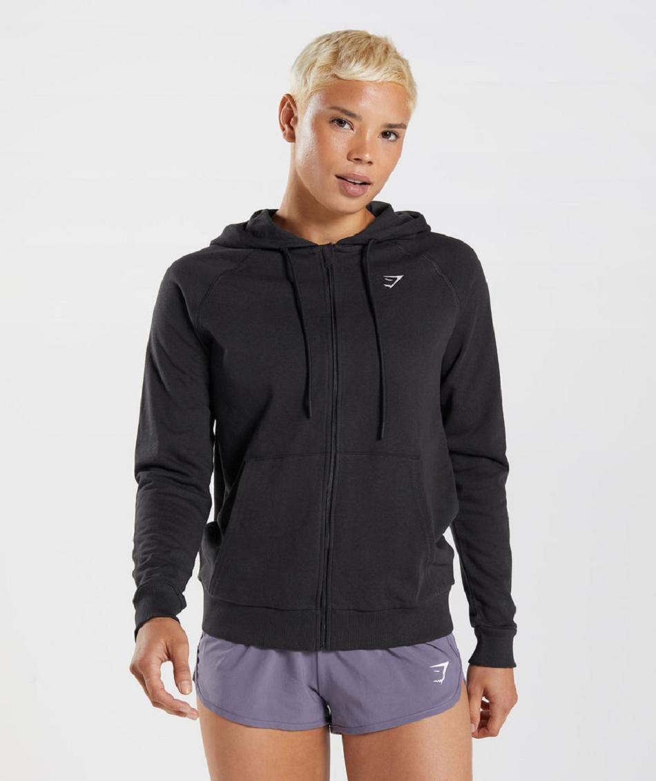 Bluzy Z Kapturem Damskie Gymshark Treningowe Zip Czarne | PL 2750VRW